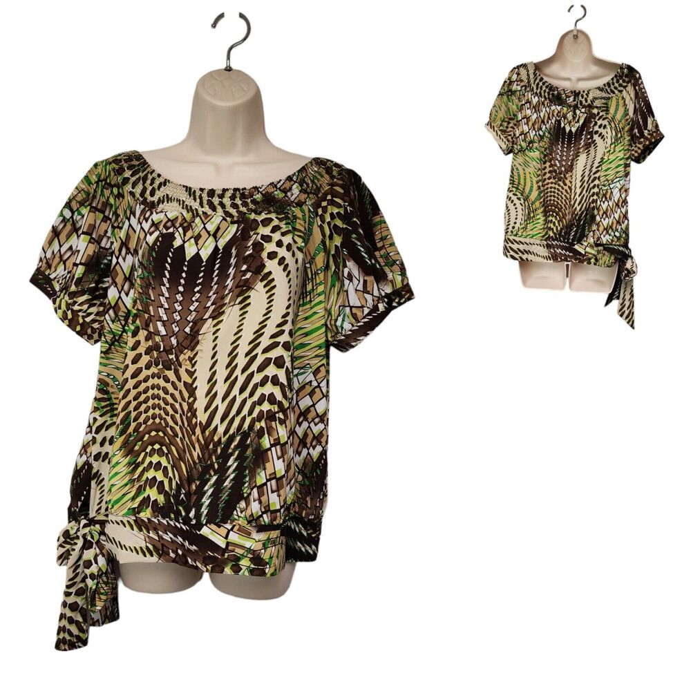 SERENADE Womens Black/Brown Poly 3/4 Sleeved Tiger Lace Blouse Size Large